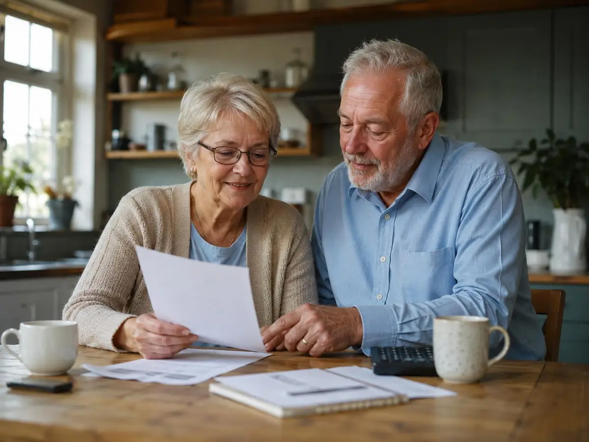 Older couple reviewing paperwork together at home