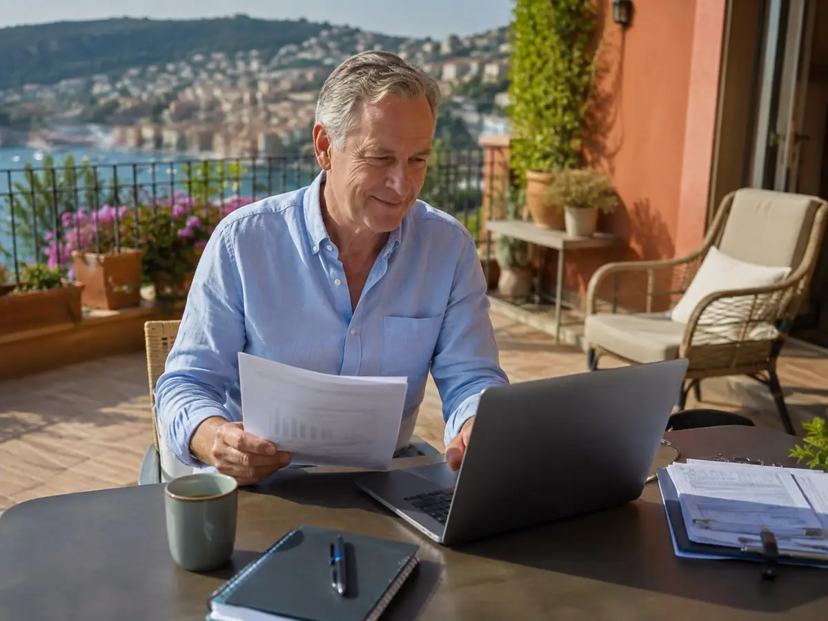 Man reviewing documents on a terrace overlooking a European coast